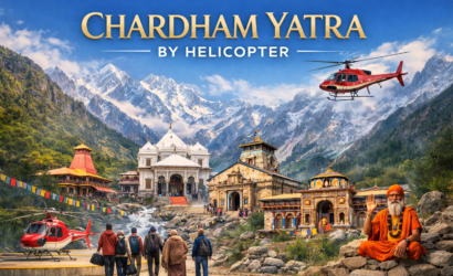 Chardham Yatra by helicopter with Himalayan temples, pilgrims, and scenic mountain landscape in Uttarakhand