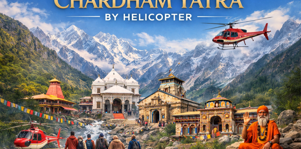 Chardham Yatra by helicopter with Himalayan temples, pilgrims, and scenic mountain landscape in Uttarakhand