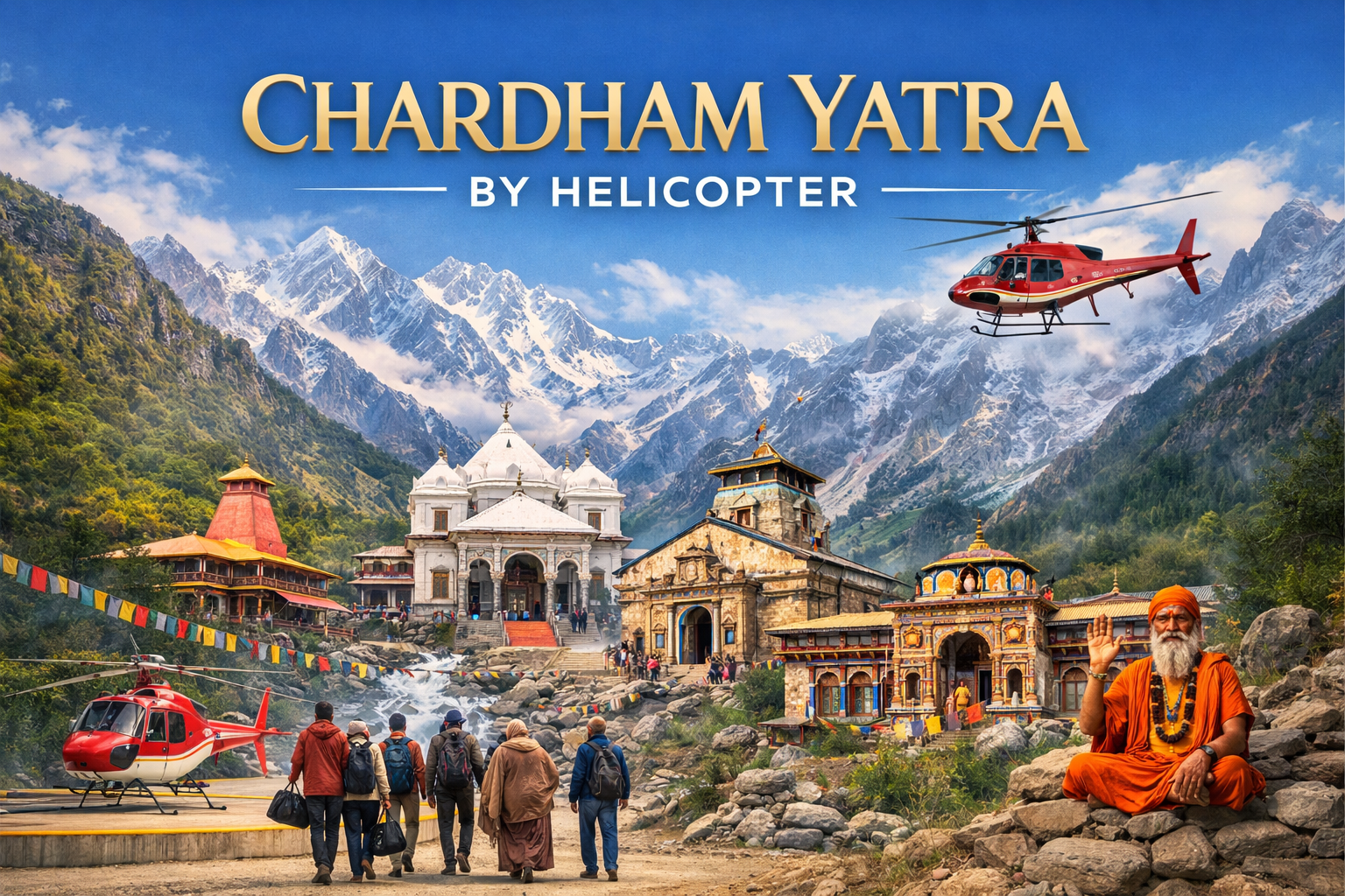 Chardham Yatra by helicopter with Himalayan temples, pilgrims, and scenic mountain landscape in Uttarakhand