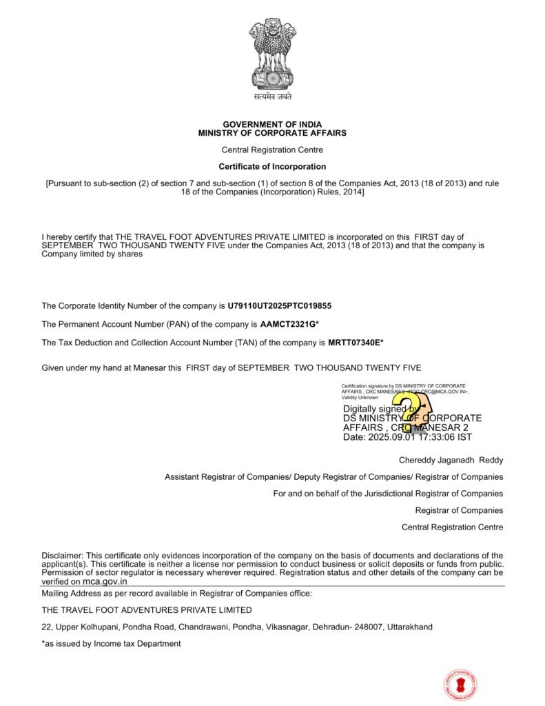 Certificate of Incorporation of The Travel Foot Adventures Private Limited registered under the Registrar of Companies Uttarakhand India