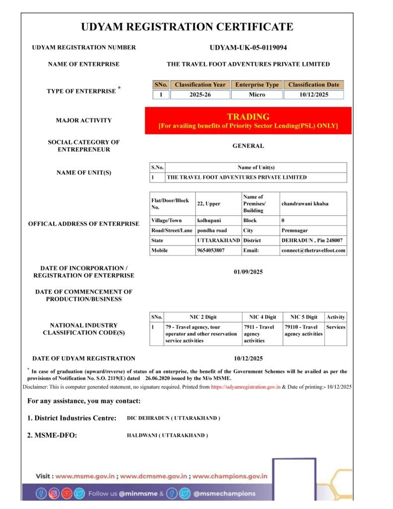 UDYAM registration certificate of The Travel Foot Adventures Private Limited registered MSME travel company